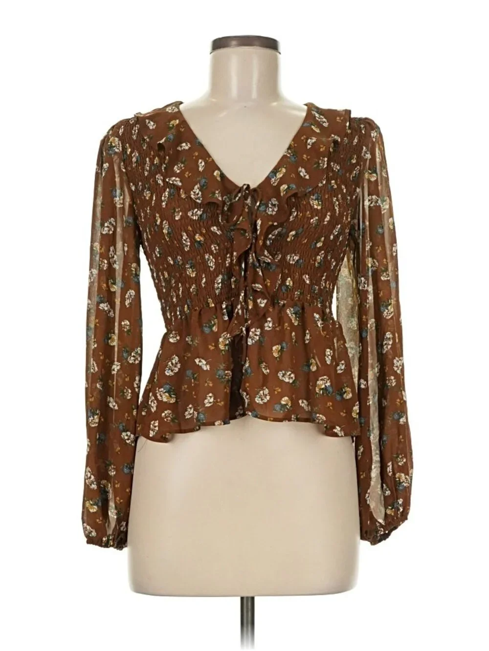 ASTR the Label Brown Ditsy Floral Smocked Ruffle Tie Neck Top Size M
